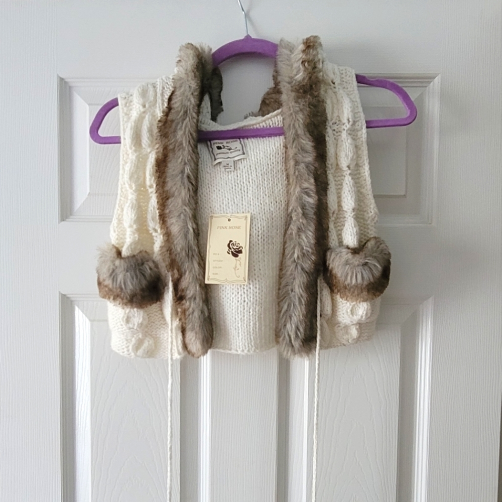 Pink Rose Faux Fur White Knit Sweater Vest w/ Hood & Puff Balls Size M
